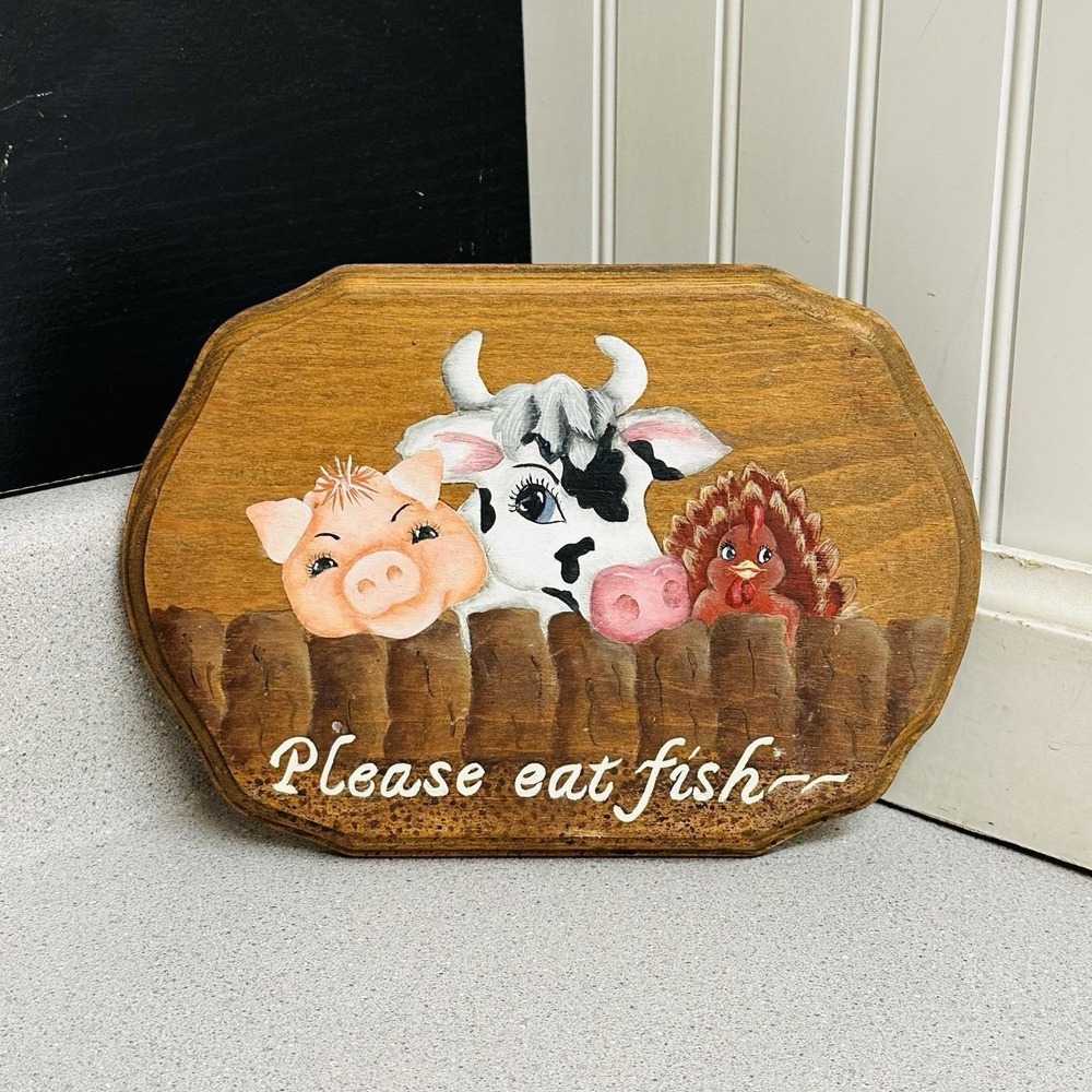 Vintage Wooden Wall Hanging "Please eat fish" Plaque Farmhouse Decor Handcrafted